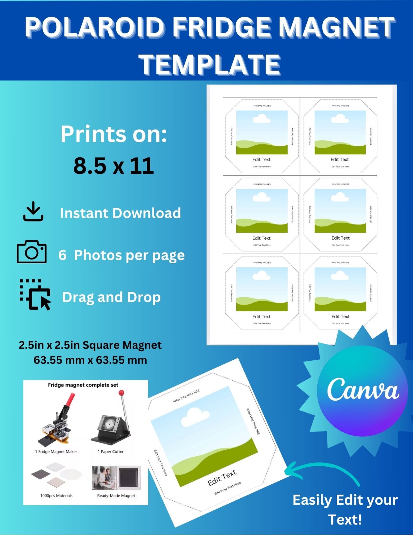 Polaroid Photo Magnet Template l 2.5 x 2.5" Fully Editable l Drag and Drop l Perfect for Starting your Magnet Business l Magnet Template