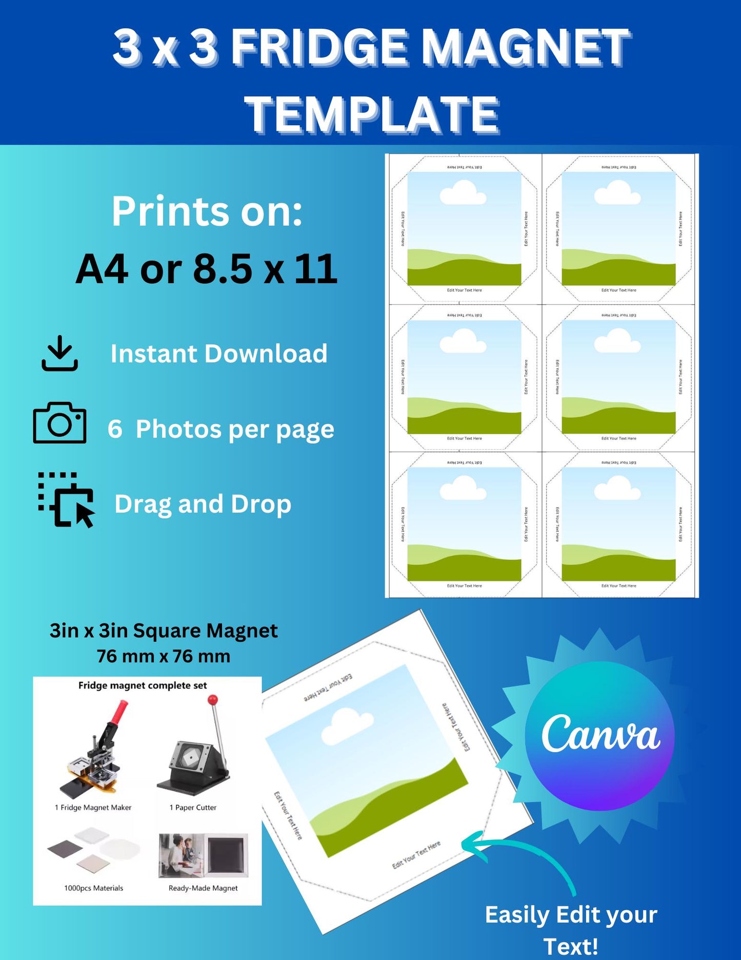 Photo Magnet Template l 3" x 3" Fully Editable l Drag and Drop l Perfect for Starting your Magnet Business l Square Machine